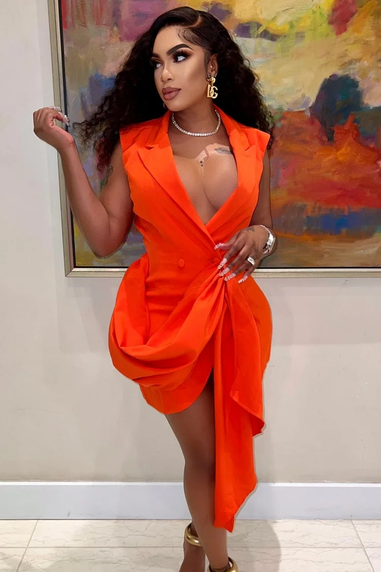 Orange Sleeveless Deep V-neck Mini Trench Coat Dress