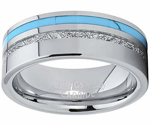 6MM 8MM Women's Or Men's Wedding Tungsten Carbide Wedding Matching Rings with Blue Turquoise and Inspired Meteorite Inlay Pipe Cut