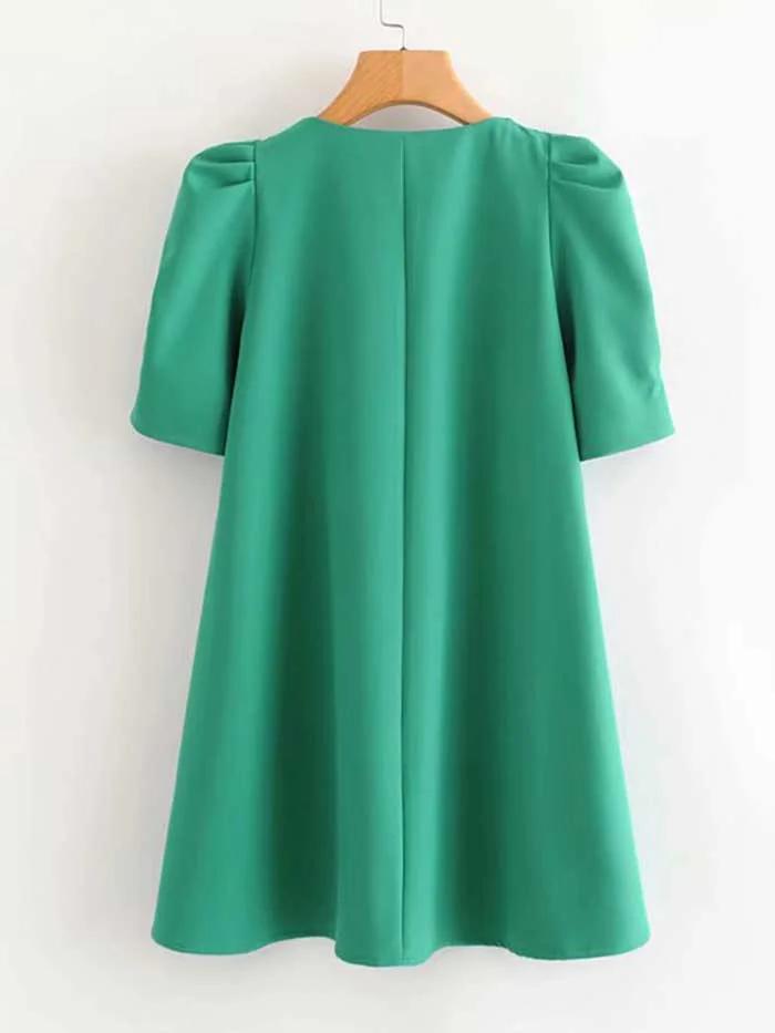 Fashionable V-neck Solid Color All-match Puffy Sleeve Dress