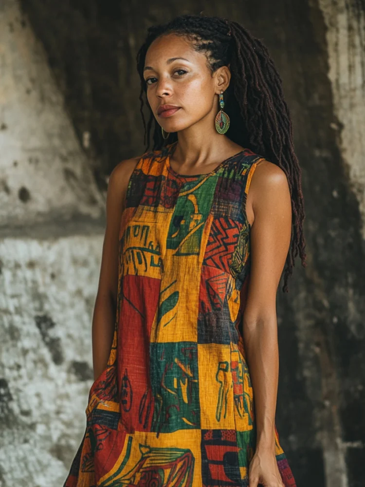 Vintage Tribal Print Women's Linen Vest Dress