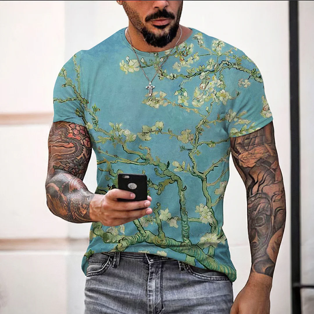 Men's Casual Stretch Fashion Art Flower Oil Painting Cozy Print T-Shirt
