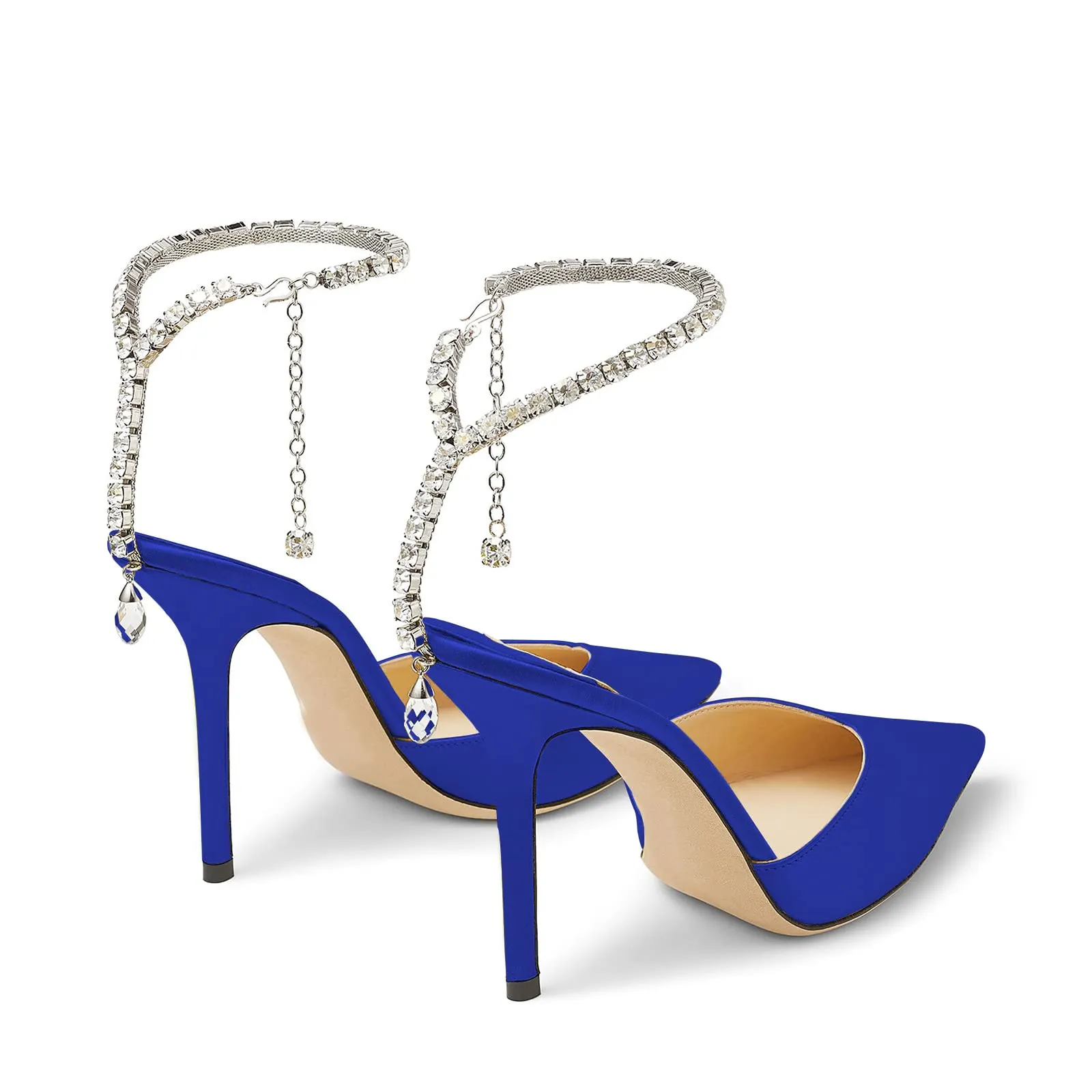 100mm Women's Sandals Crystal Chain Ankle Straps Rhinestones Buckle Heels Stiletto Satin Dress Shoes-vocosishoes