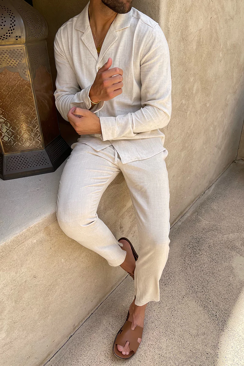 Men's apricot linen long-sleeved shirt and trousers two-piece set