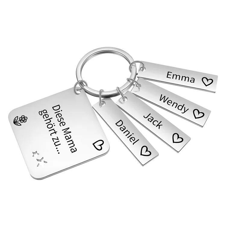 Personalisierte 4 Namen & Text Familie Quadrat Schlüsselanhänger