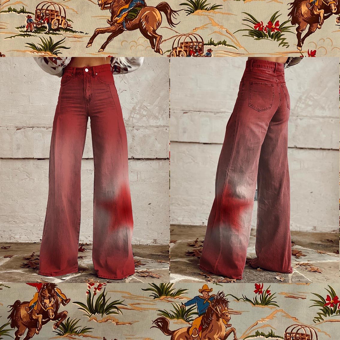 Women's Red Star Print Casual Wide Leg Pants