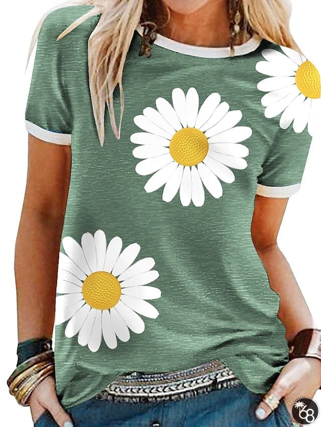 Women's T shirt Tee Yellow Red Blue Floral Sunflower Short Sleeve Daily Round Neck Loose Fit S | 168DEAL