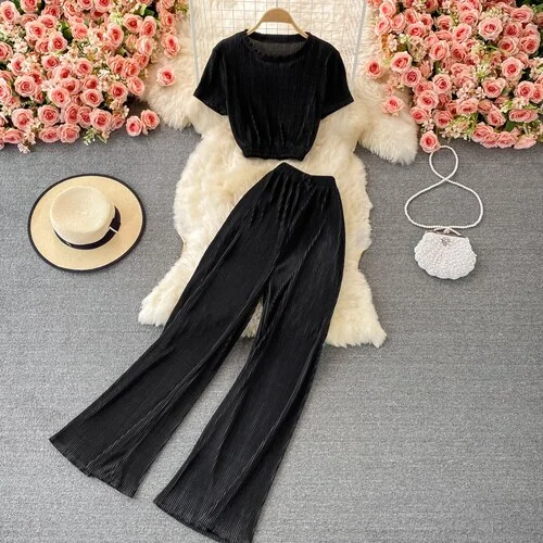 Toloer Summer Vintage Red/Pink/Black Pleated Two Piece Set Women Casual O-Neck Short Sleeve Tops + Loose Pants Suit Female 2022