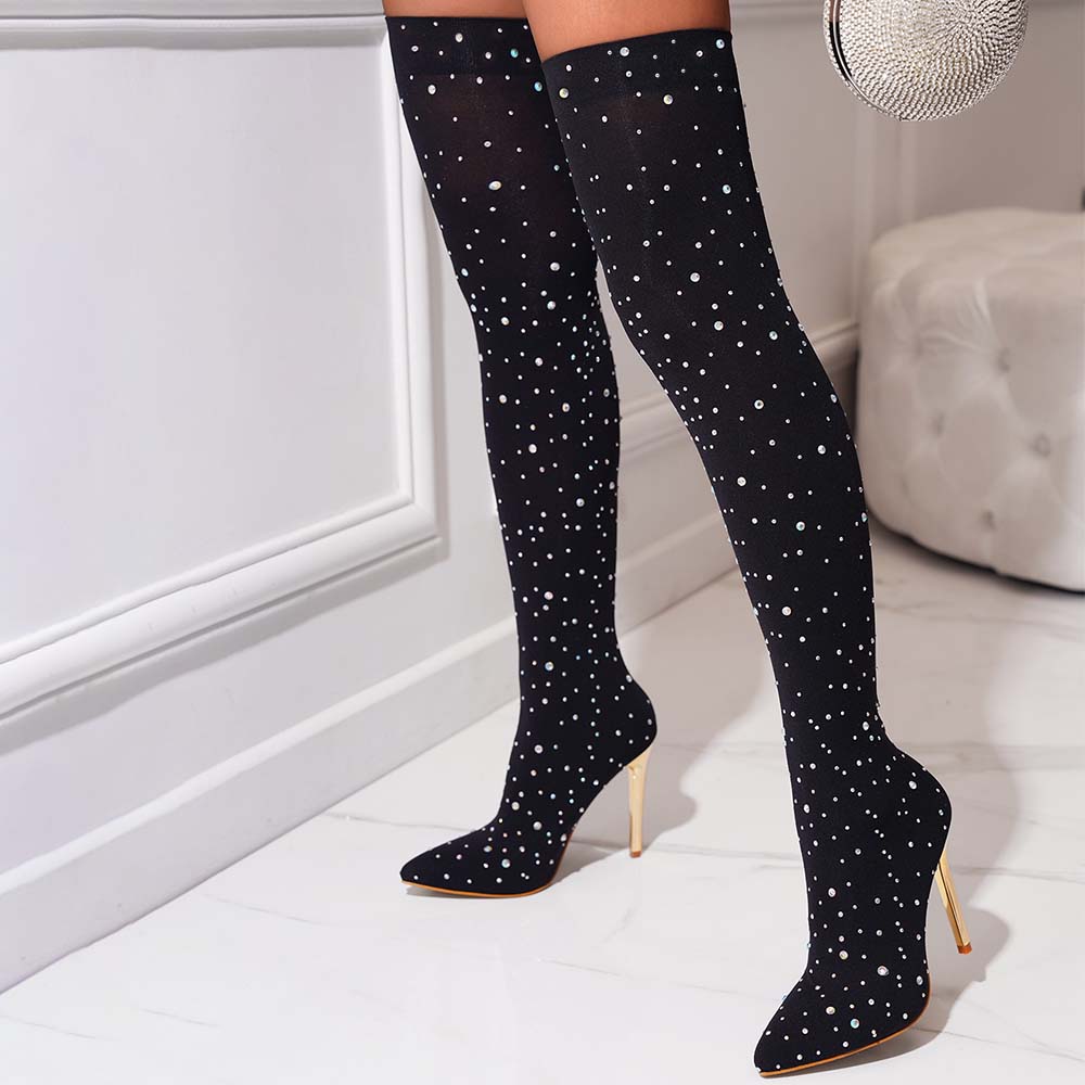 Black Pointed Toe Stretch Stiletto Heel Sock Boots with Rhinestone Nicepairs