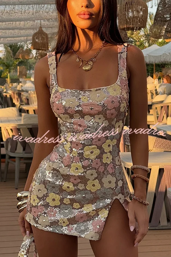 Sequined Flower Sexy Square Neck Slim Fit Mini Dress