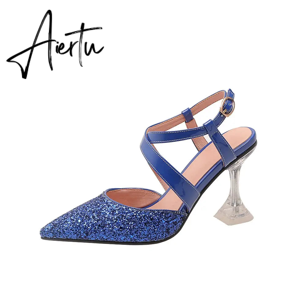 Sandals Women Glitter Clear High Heels Pointed Cross Strap Slingback Lady Shoe Ankle Strap Buckle Party Pumps Bride Big Size 43 Aiertu