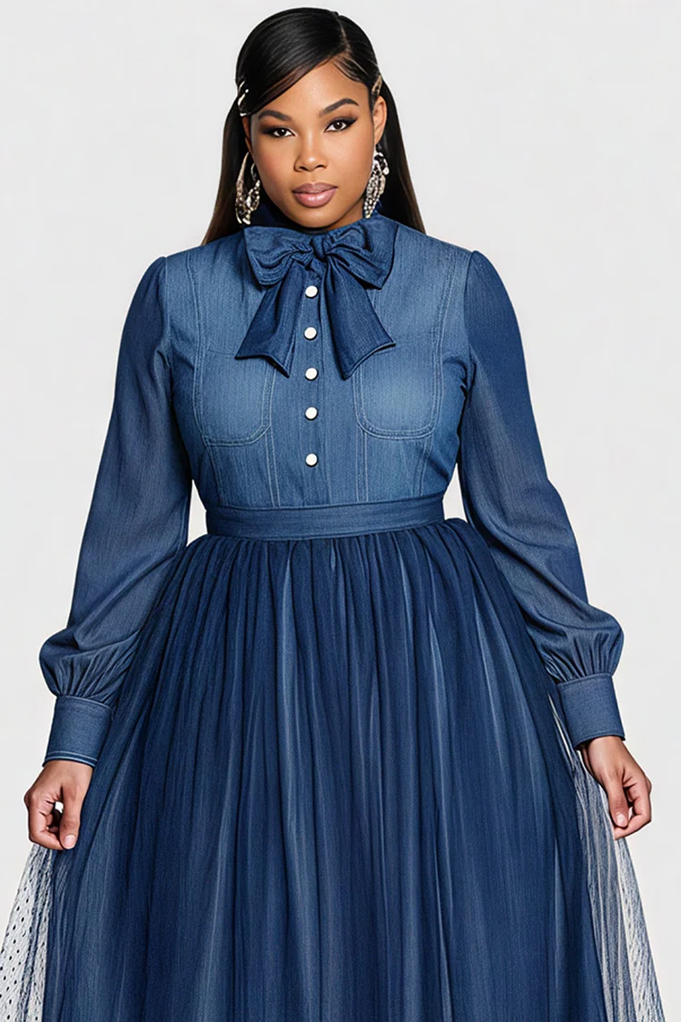 Xpluswear Design Plus Size Business Casual Tulle Blue Long Sleeve Contrast Elegant Bow Tie Tencel Denim Midi Dresses [Pre-Order]