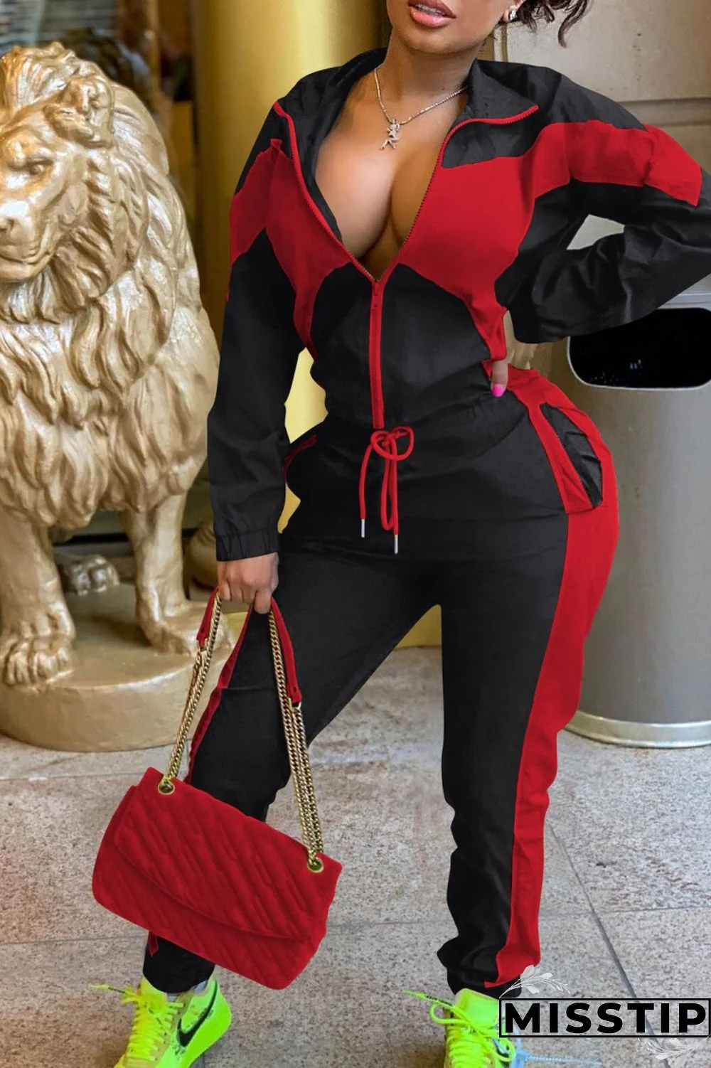 Army Green Casual Solid Patchwork Contrast Zipper Collar Long Sleeve Two Pieces