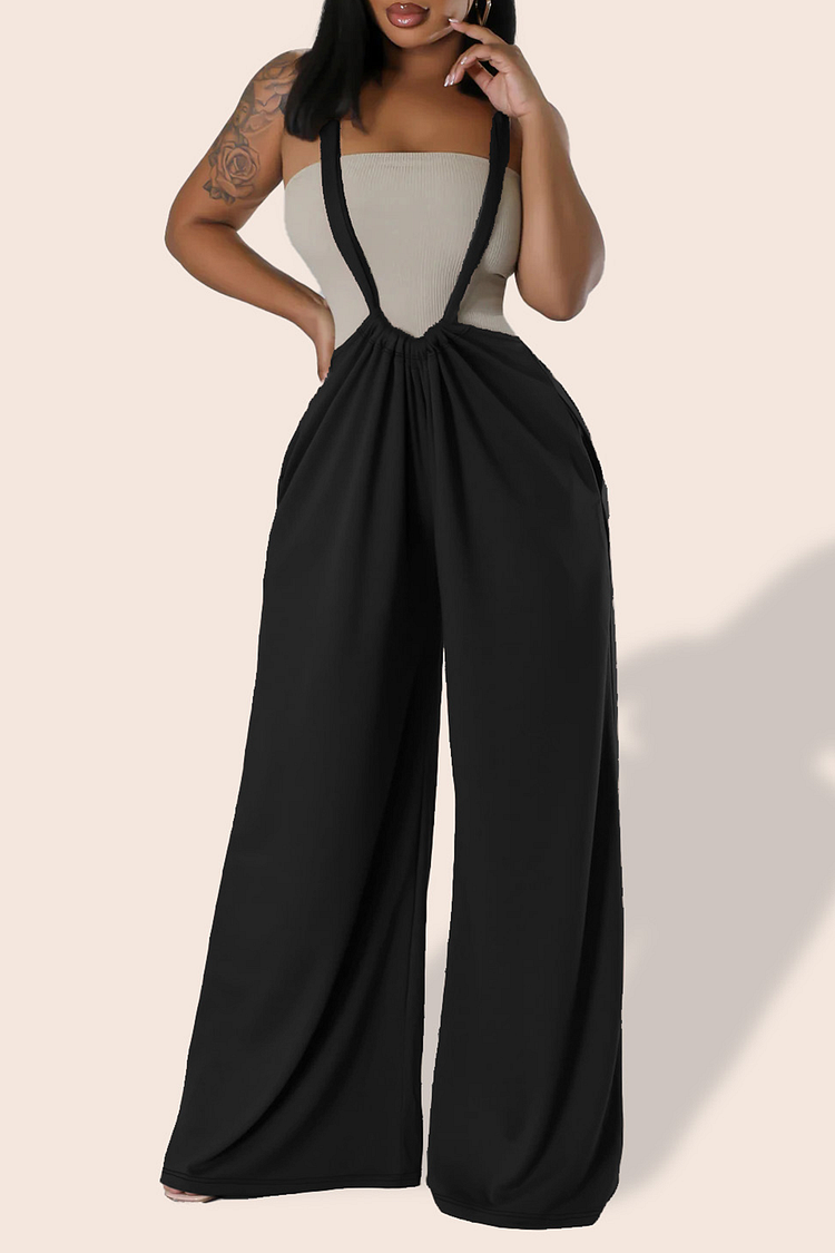 Solid Color Wide Leg Casual Suspender Jumpsuit-Black