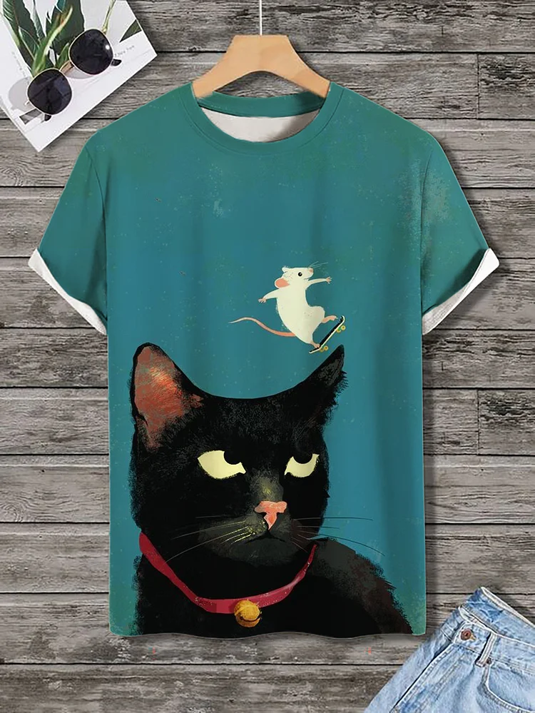 Men's Angry Cat And Mouse Art Print T-Shirt