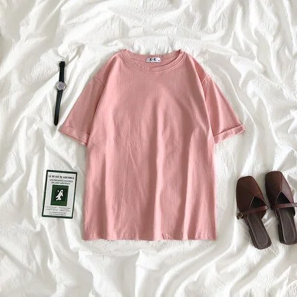 Summer Tee Shirt Solid Color Basic T-Shirt Women Casual O-neck Harajuku Top Korean Hipster Cotton Basic Tshirt