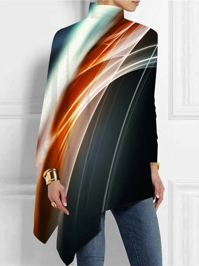 Women Long Sleeve Turtle Neck Striped Colorblock Tops