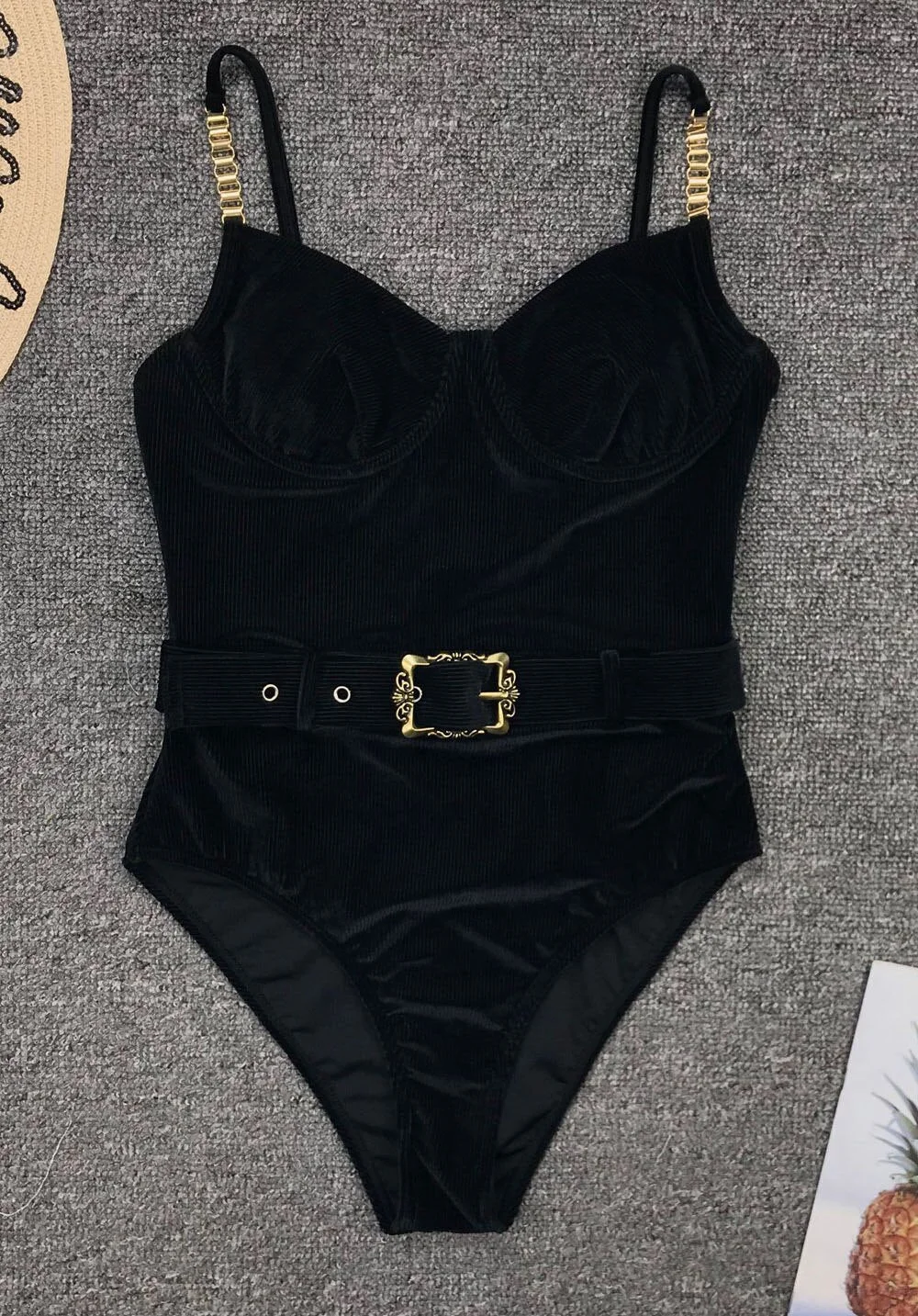 Women Black Swimwear Sexy Push Up One Piece Swimsuit Female Bather With Belt Bathing Suit Swim Wear Monokini Lady