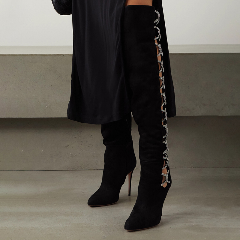 GOOSHOE Black Vegan Suede Stiletto Hollow Out Heeled Thigh High Boots