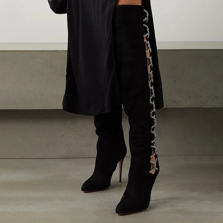 Black Vegan Suede Stiletto Shoes Hollow Out Heeled Thigh High Boots |FSJ Shoes