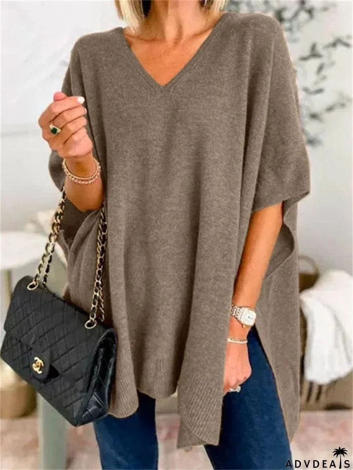 Chic V-neck Loose Knitted Poncho Sweater for Women