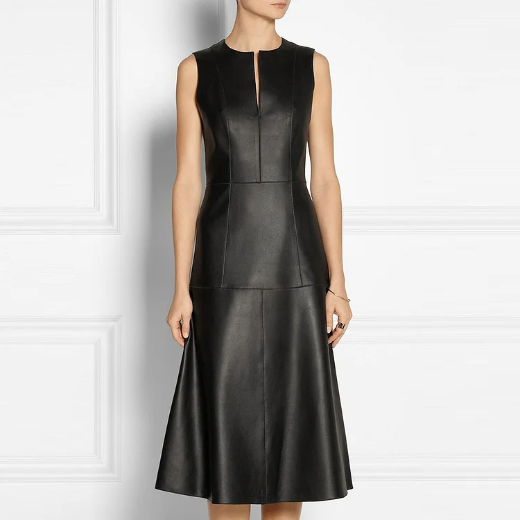 Daily Split Neck Sleeveless PU Leather A-Line Midi Dress
