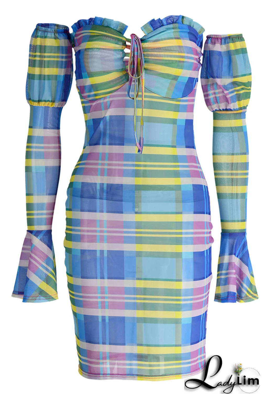 Blue Sexy Plaid Split Joint Off the Shoulder Pencil Skirt Dresses