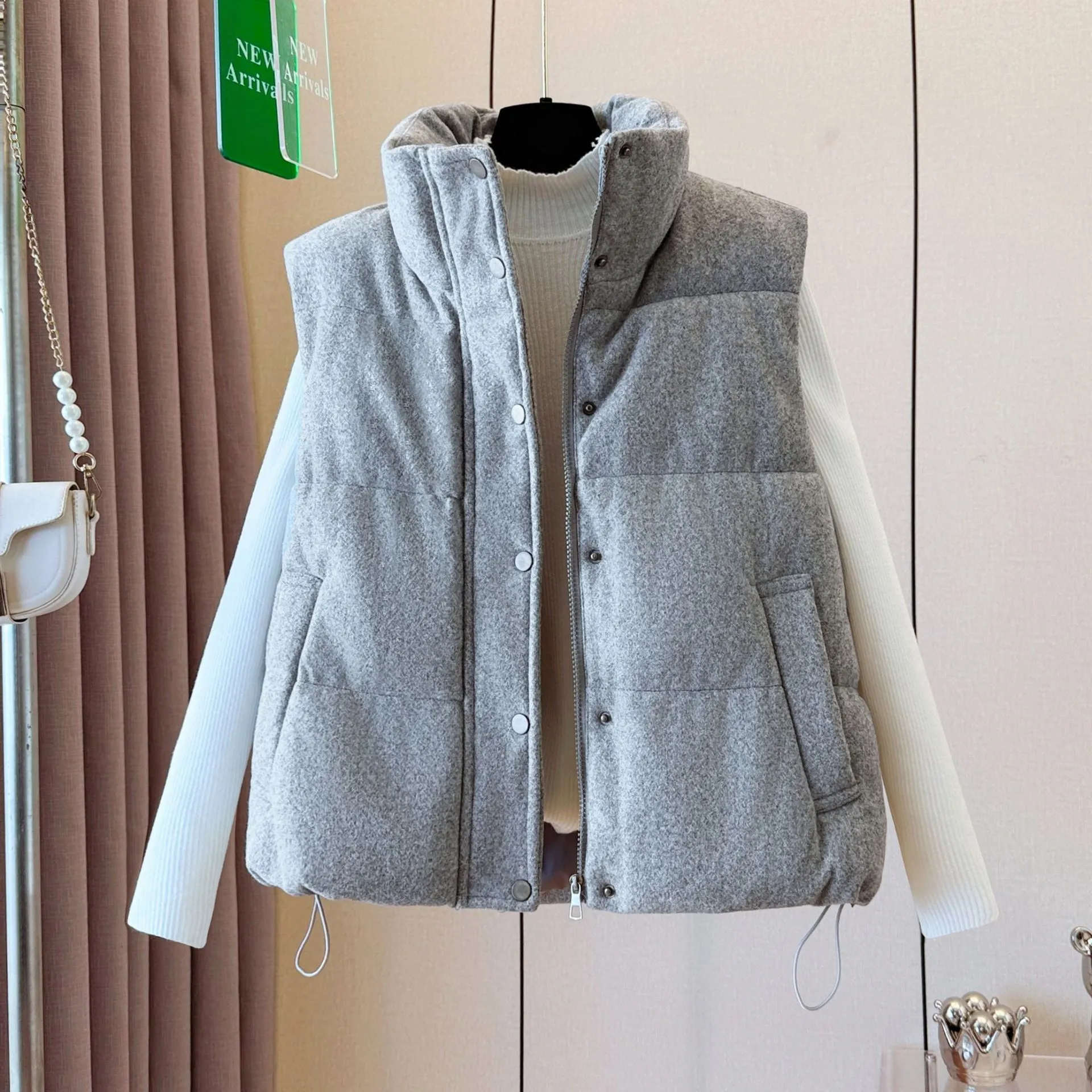 Women's Tweed Stand Collar Puffer Vest