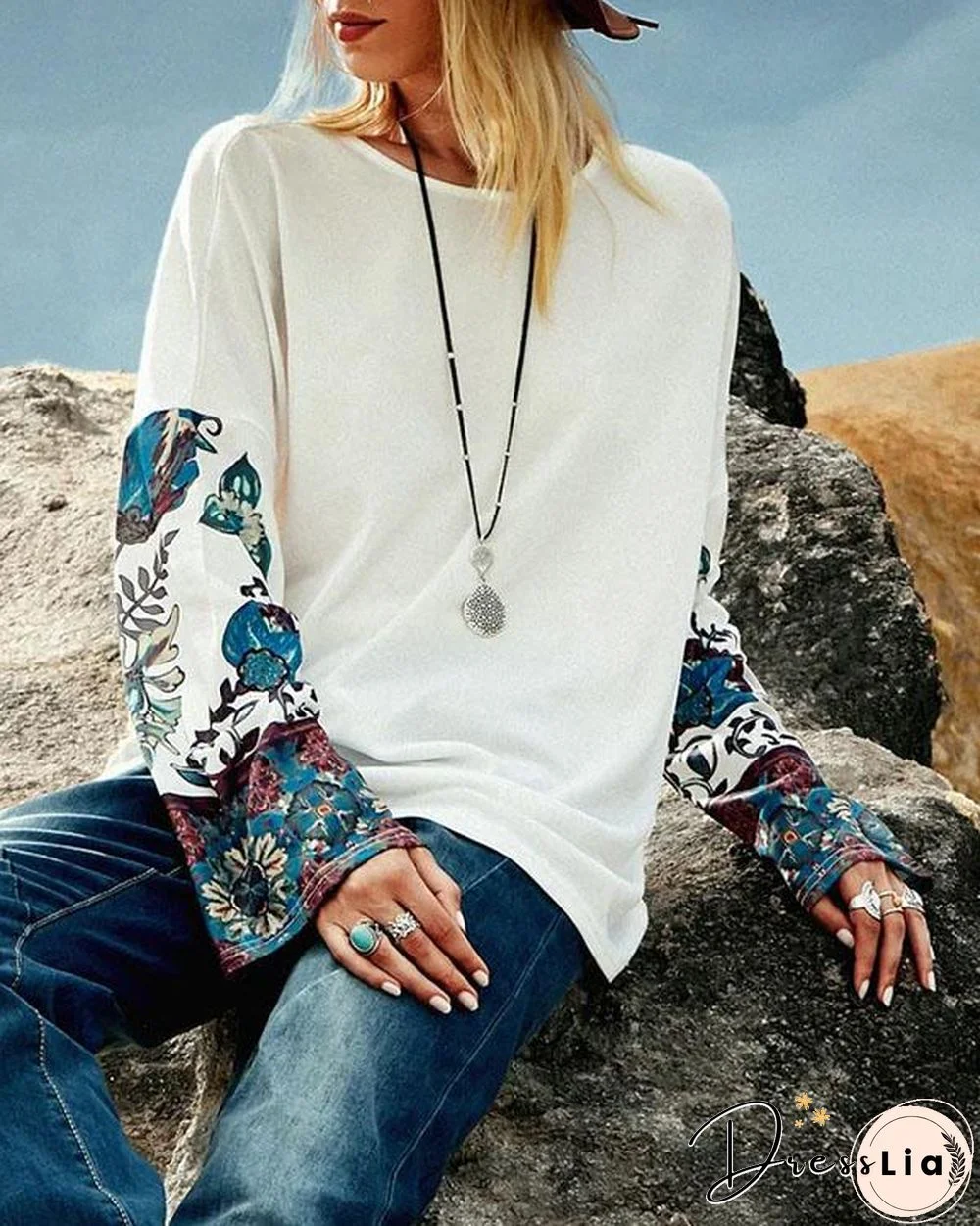 Print Crew Neck Shift Women Long Sleeve T-shirt