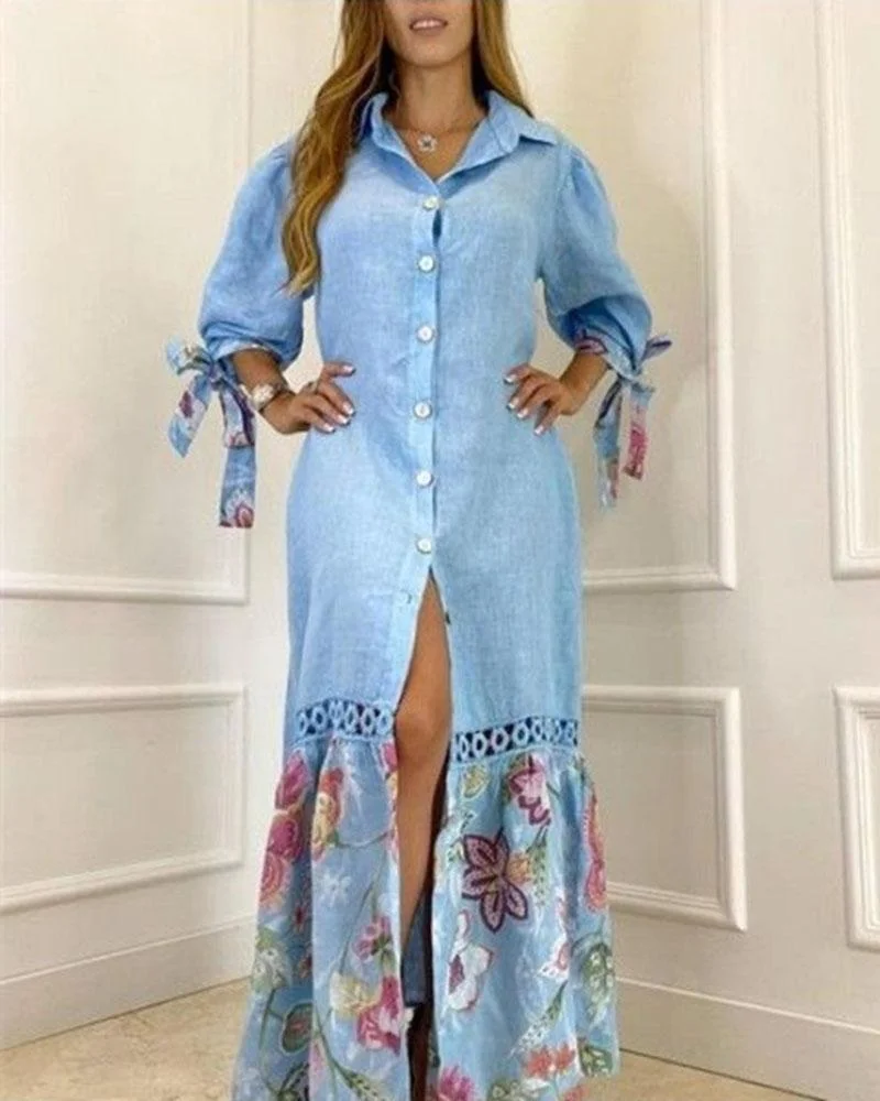 Lace Patchwork Lace Up Shirt Dress