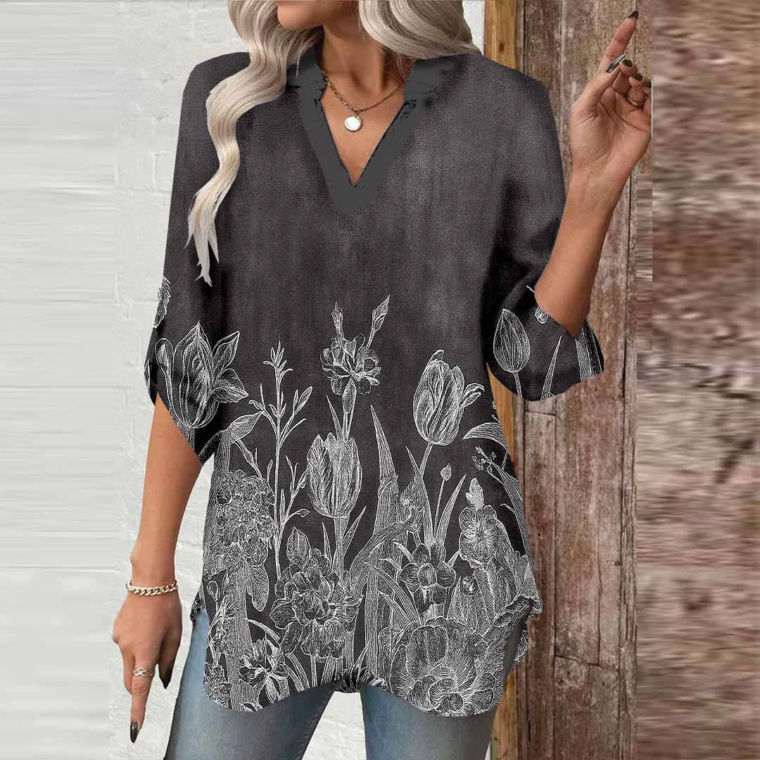 Women Plant, Black, White DZGA0614 3/4 Sleeve V-neck Printed Graphic Button Tops
