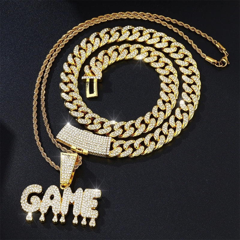 Hip Hop Game Letter Pendant Necklace Full Diamond Full Zirconium Gold Plated Cuban Link Chain Advanced Accessories