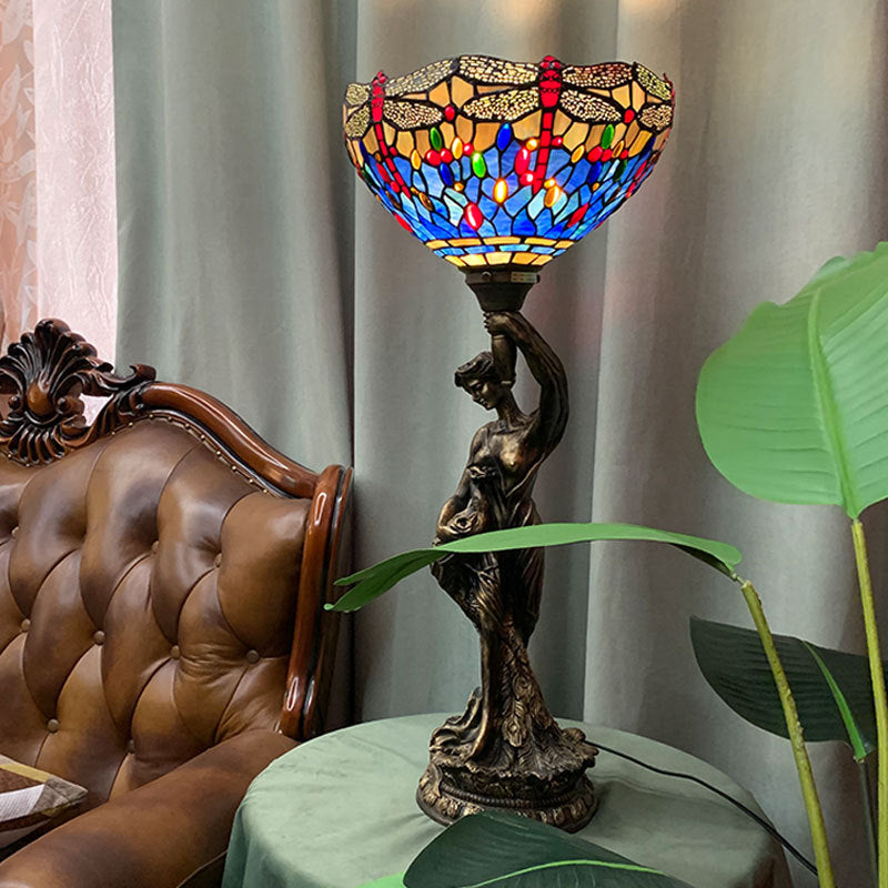 Traditional Tiffany Dragonfly Stained Glass Goddess Resin Base 1-Light Table Lamp For Home Office mysite
