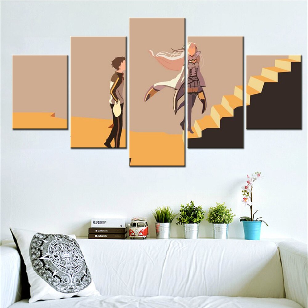 5 Pieces Wall Art Canvas Zero Kara Hajimeru Isekai Seikatsu Emilia Re Zero Natsuki Aubaru Anime Poster Living Room Home Decor