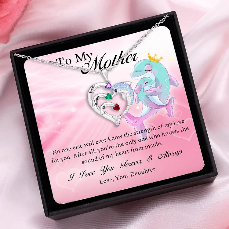To My Mother Heart Dolphin Necklace Custom 3 Birthstones Gift