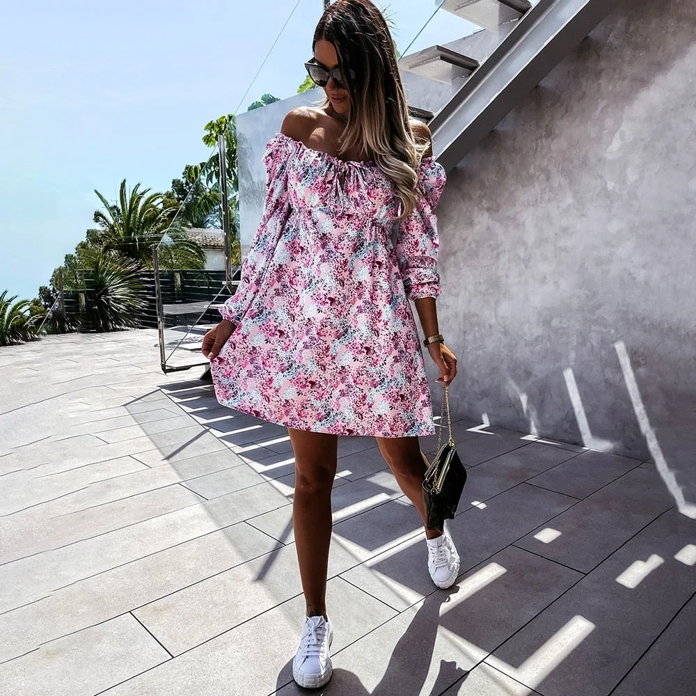 Graduation Gifts  Autumn Fashion Boho Floral Print Mini Dress Women Off Shoulder Lace-up Romantic Vacation Elegant Beach Casual Ladies Dresses