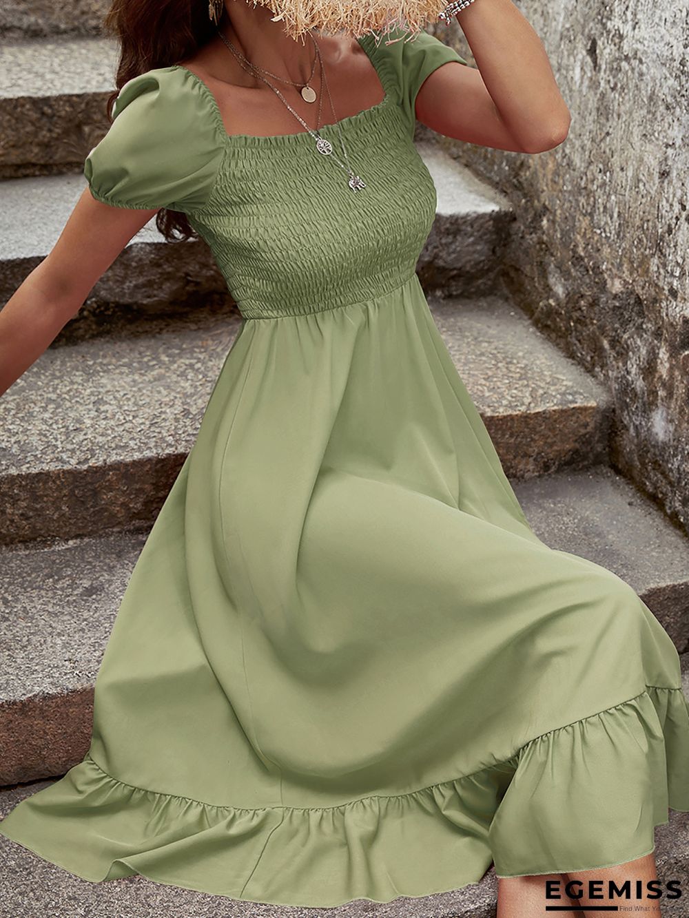 Dress Temperament Commuting Waist Closed Solid Color Bubble Sleeve Red Suspender High Waist | EGEMISS