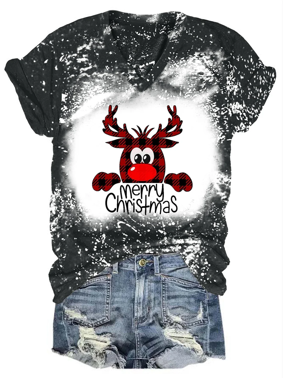 Merry Christmas Elk Print T-shirt