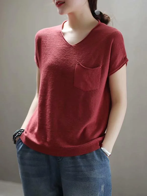 Loose Solid Color V-Neck T-Shirt