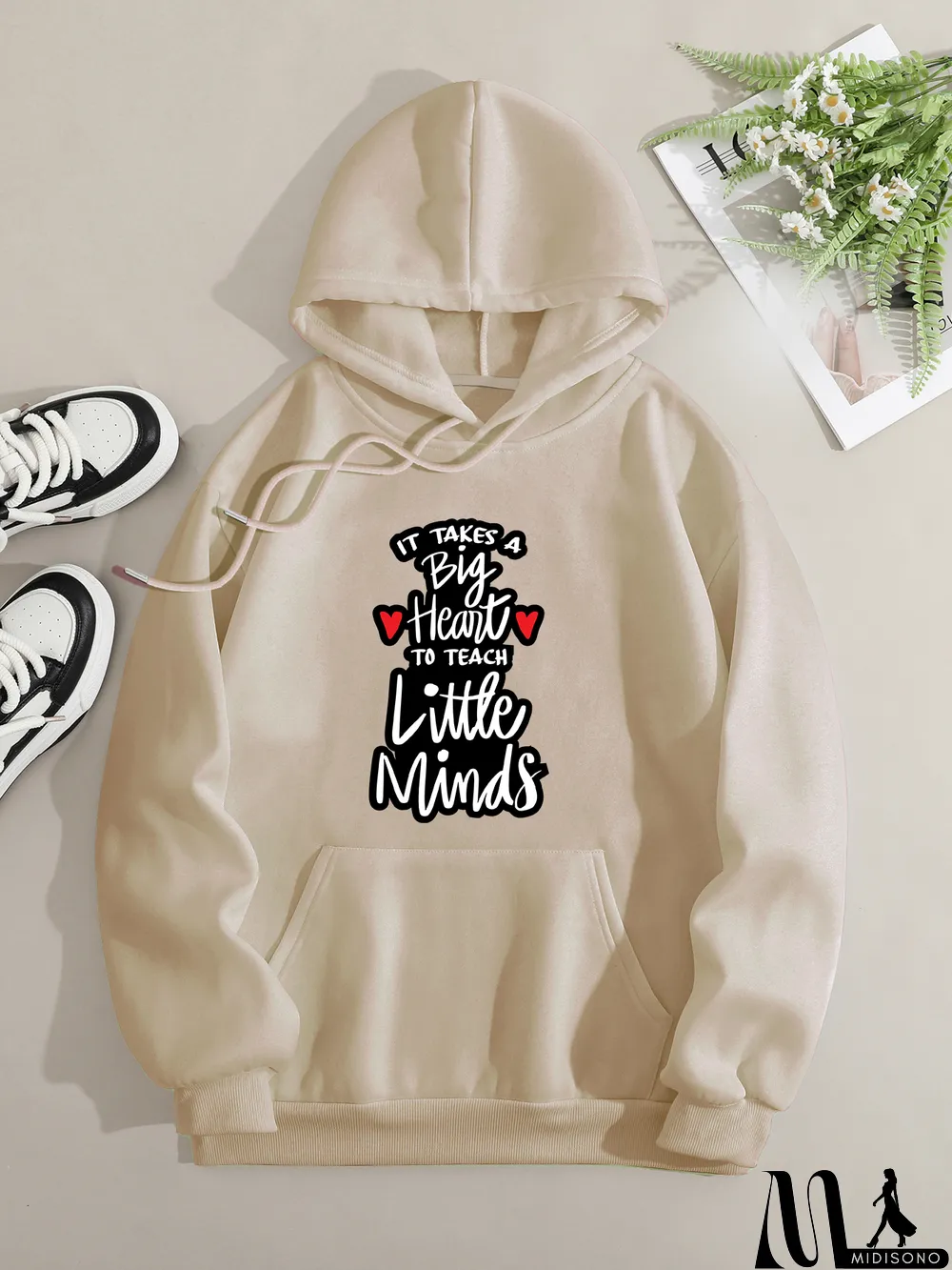 MidiSono - Printed on front Kangaroo Pocket Hoodie Long Sleeve for Women Pattern Big heart to teach