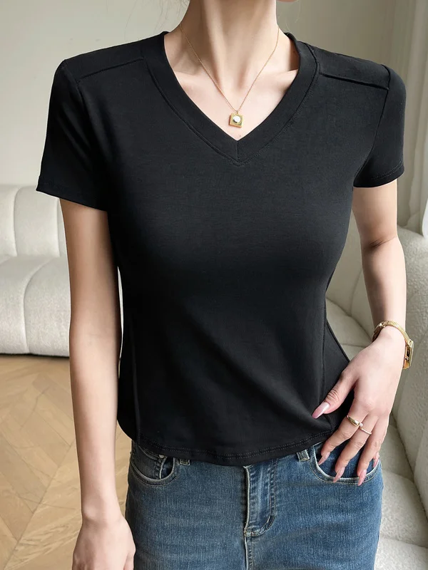 Short Sleeves Skinny Solid Color Split-Joint V-Neck T-Shirts