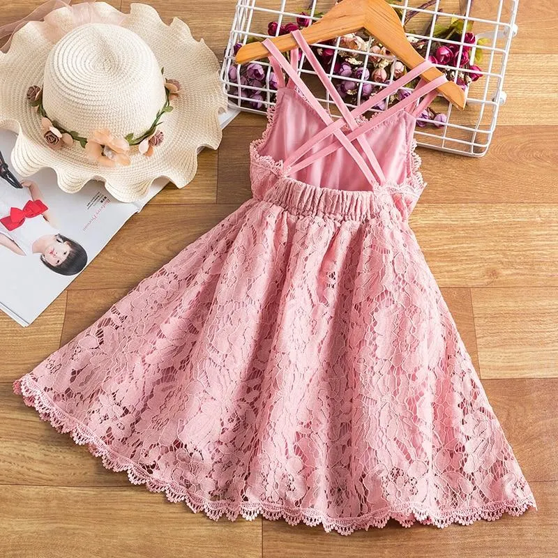 Girls Summer Princess Dress Lace Flower Sleeveles Backless Elegant Birthday Party Weddding Costume For Children Sundress
