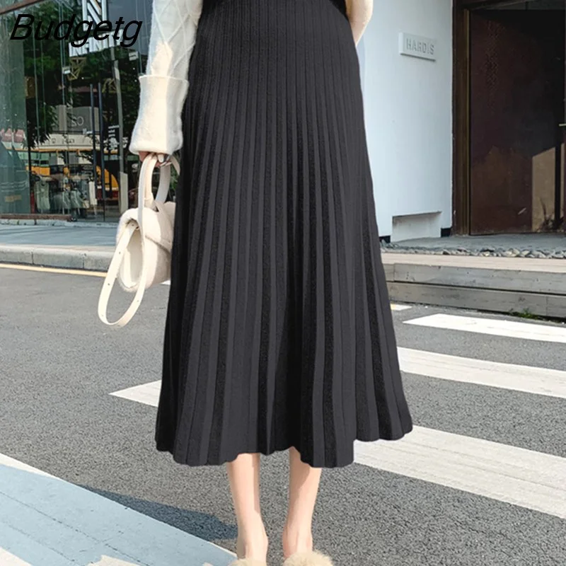 Budgetg 2023 New Women's Knitted A-line Skirt Autumn Winter Solid Color Pleated Long Skirts Woman Elegant High Waist Skirt Female