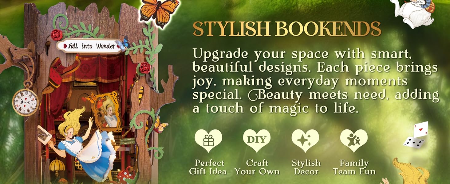 Tegooe 3D Wooden Book Nook Kit with LED Lights - Miniature Bookshelf Insert Gift