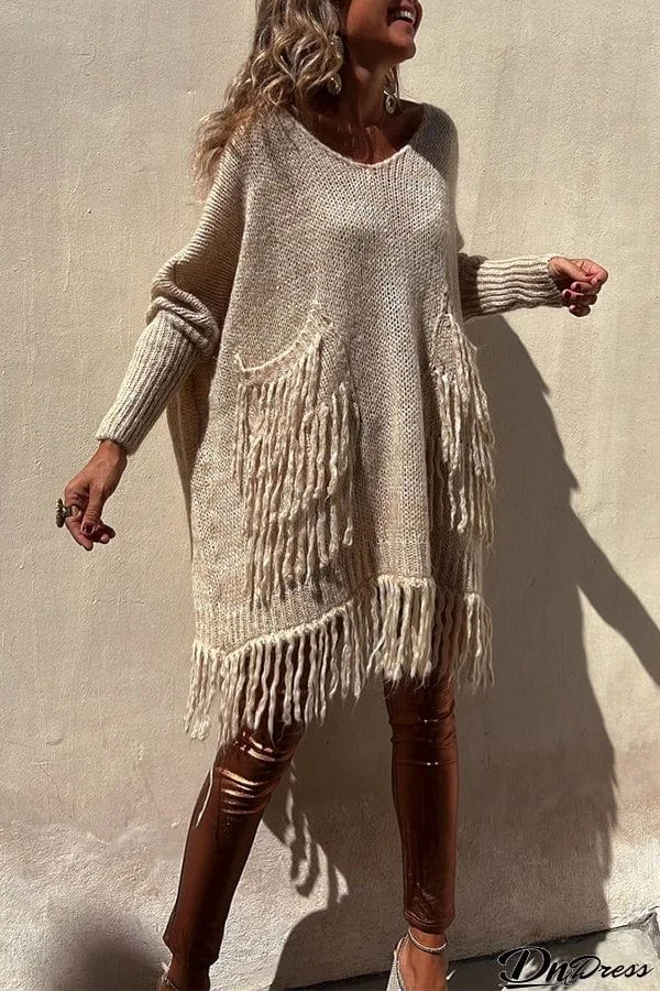 Coming with You Knit Tassel Trim Pocketed Loose Sweater