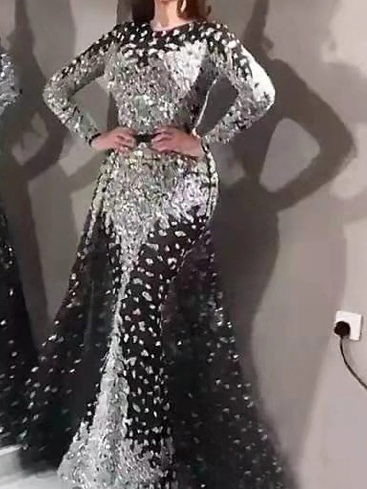 Promsstyle Elegant round neck fitted long sleeve mopping hem dress Prom Dress 2023