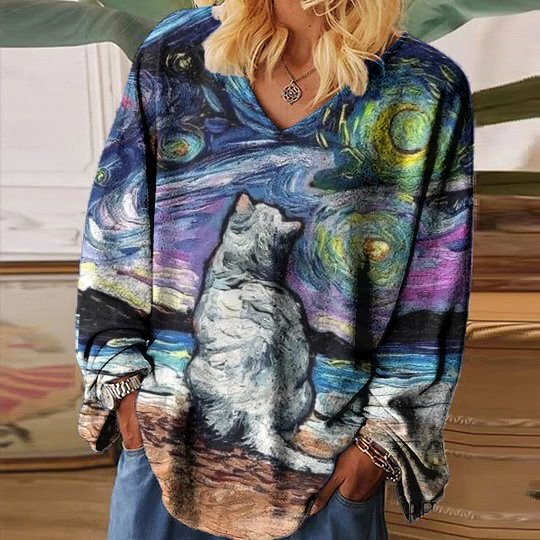 Comstylish Oil Painting Cat Mochizuki V Neck Long Sleeve T-Shirt