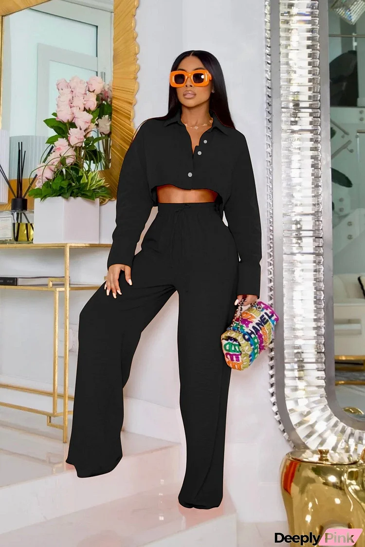 Solid Crop Shirt Wide Leg Long Pants Suits