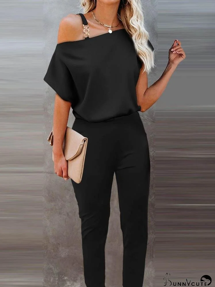 One Shoulder Chain Strap Short Sleeve Jumpsuit