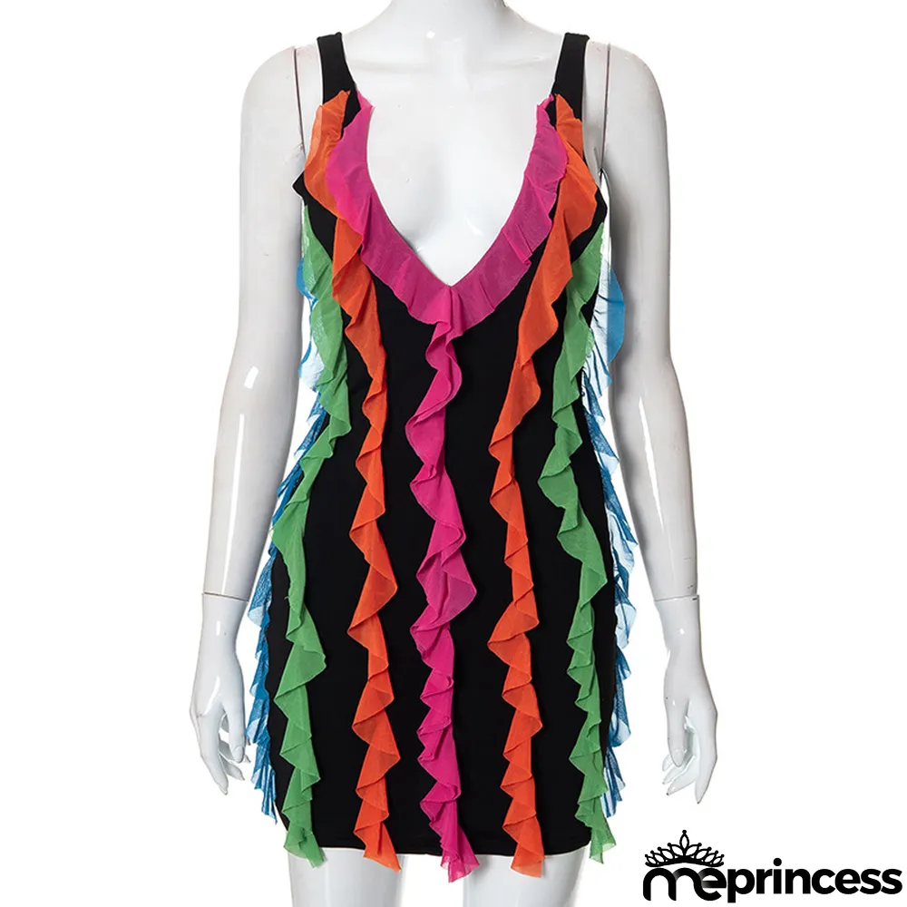 Women'S Fall V-Neck Sexy Low Back Multicolor Ruffled Bodycon Dress