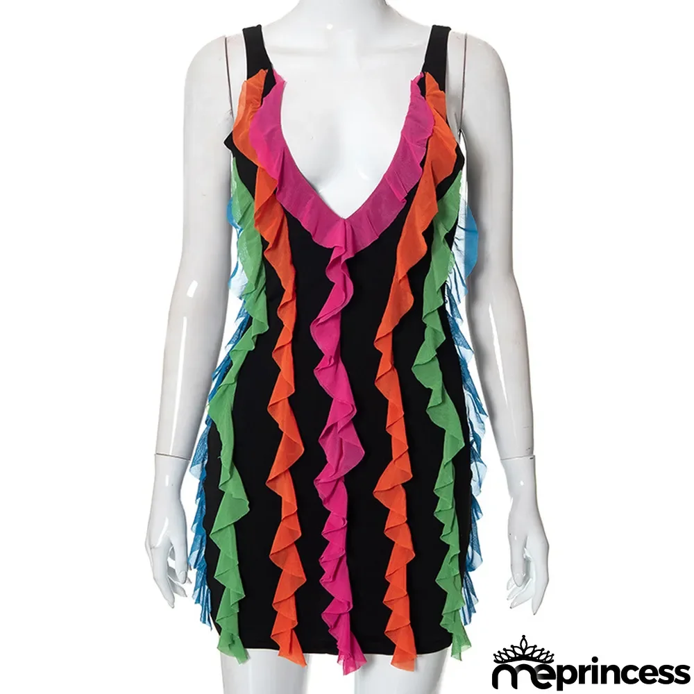 Women'S Fall V-Neck Sexy Low Back Multicolor Ruffled Bodycon Dress